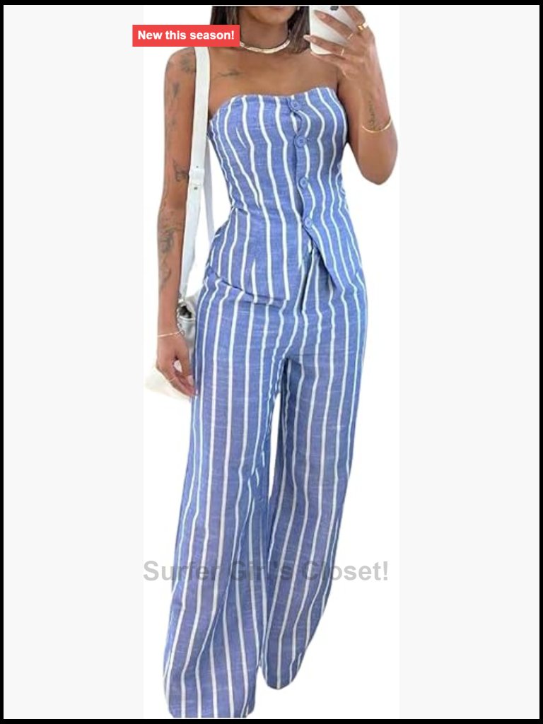 Striped Button Down Tube Top And Wide Leg Pants Set